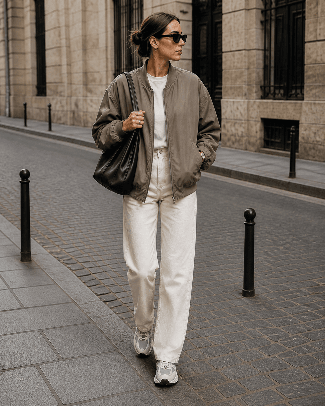 Full look: taupe bomber, bag and sneakers
